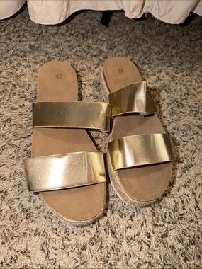 Metallic Gold Double-Strap Slide Sandals - Women